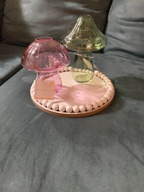 Pink and Green Glass Mushroom Vases - Pair